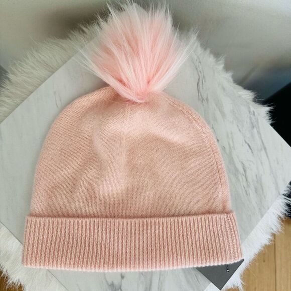 Nordstrom Faux Fur Cashmere Pompom Beanie, Pink, 100% Cashmere, NWT - Picture 5 of 9